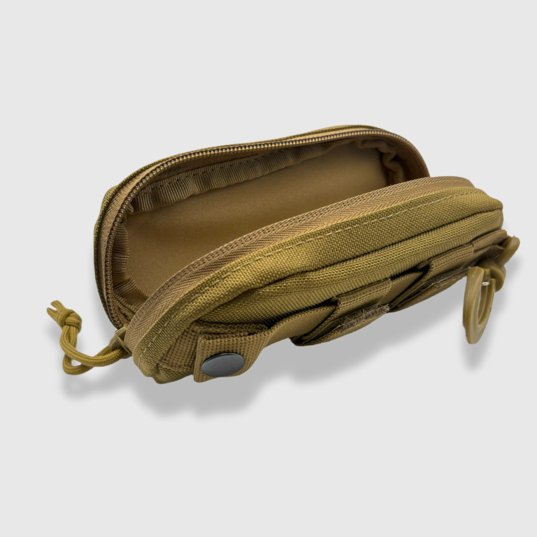 Armadillo tan glasses case with banner eyewear patch and molle attachment