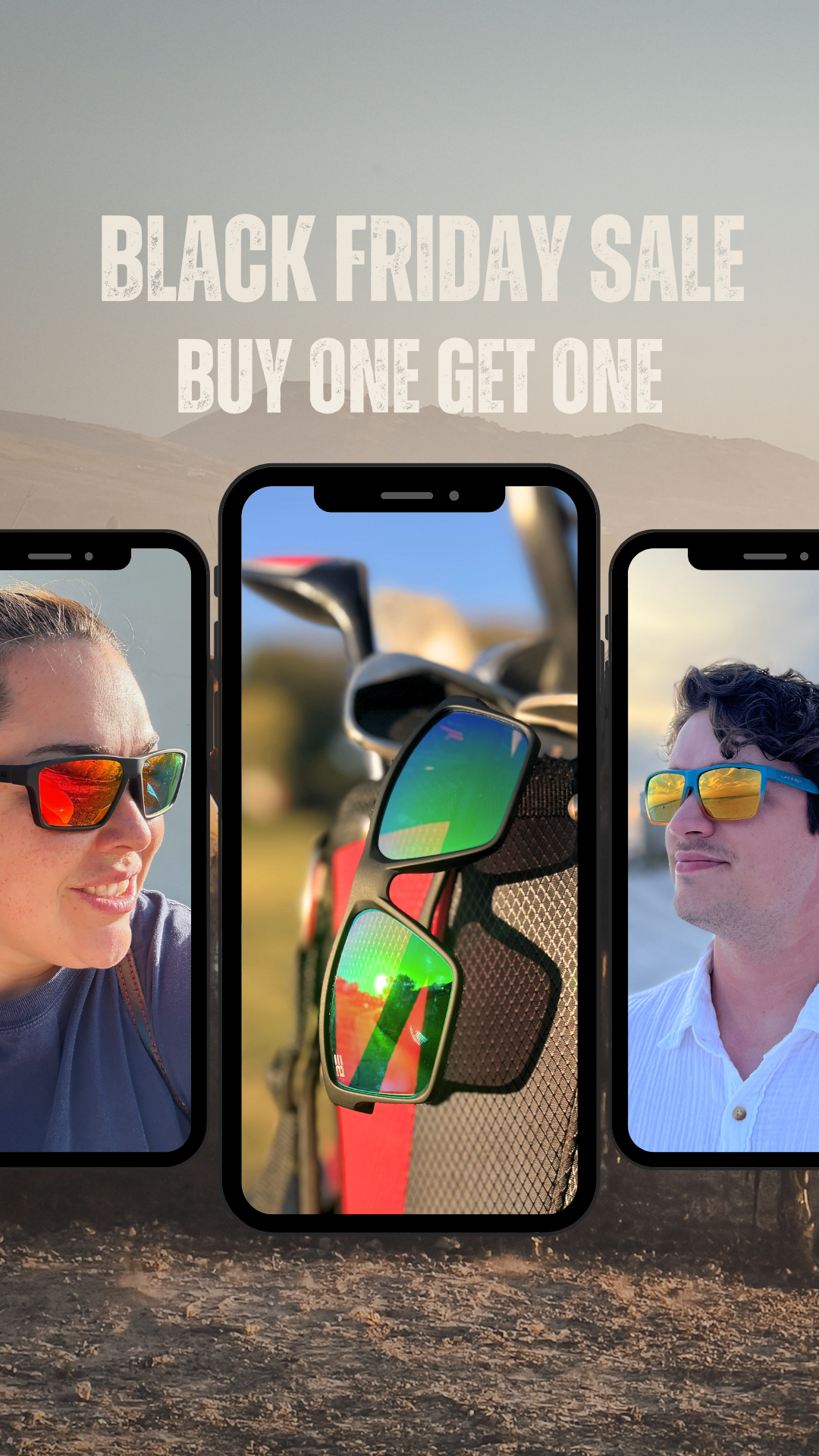 Three sunglasses displayed with a 'Black Friday Sale' text above.