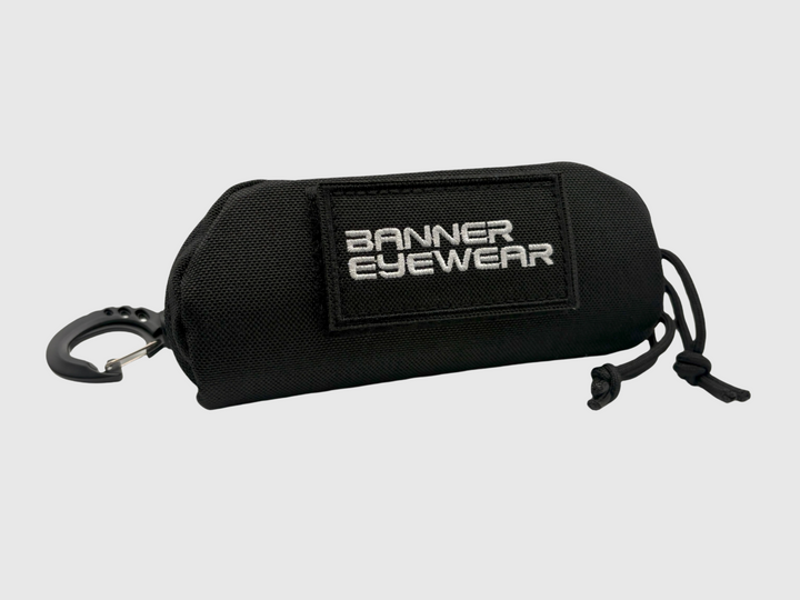 Armadillo black glasses case with banner eyewear patch and molle attachment
