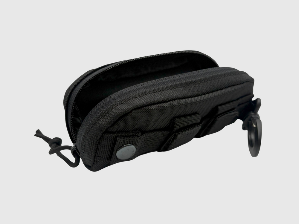 Armadillo black glasses case with banner eyewear patch and molle attachment