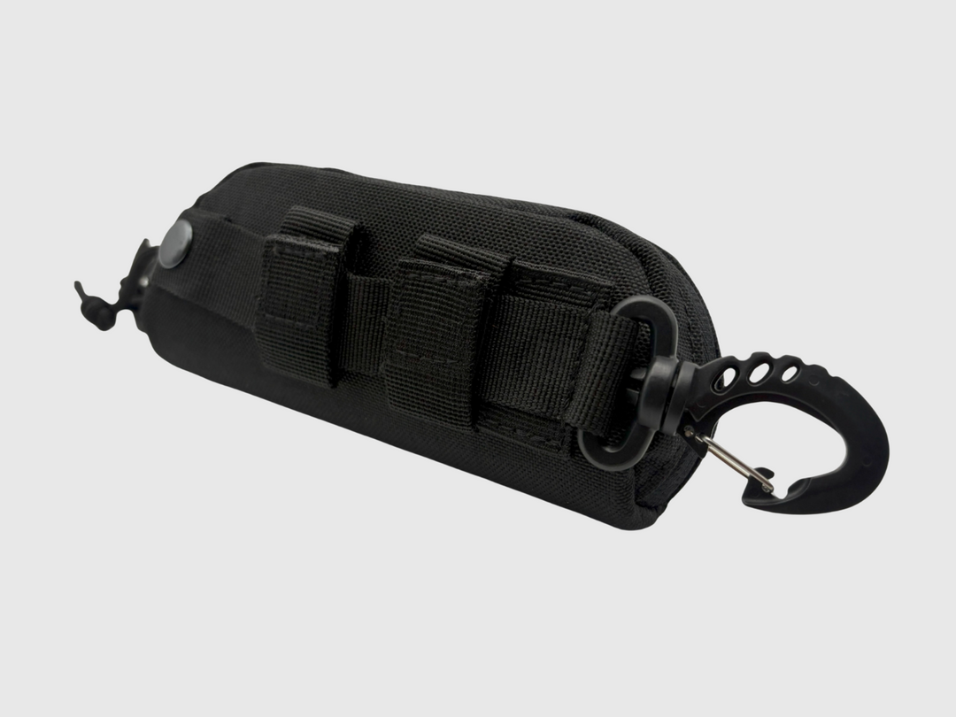 Armadillo black glasses case with banner eyewear patch and molle attachment