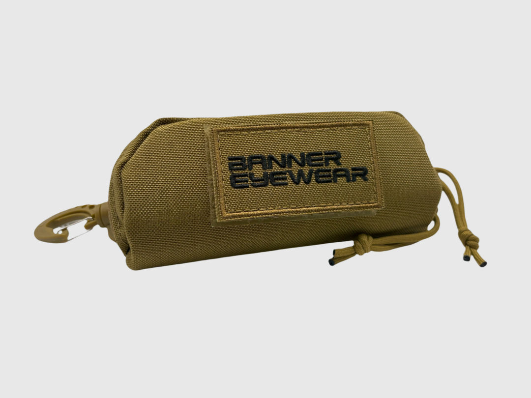 Armadillo tan glasses case with banner eyewear patch and molle attachment
