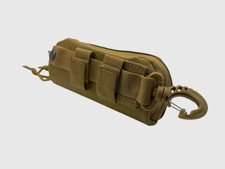 Armadillo tan glasses case with banner eyewear patch and molle attachment