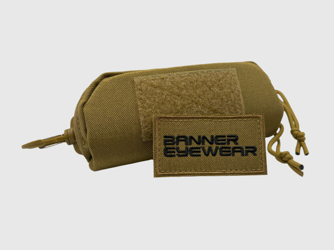 Armadillo tan glasses case with banner eyewear patch and molle attachment