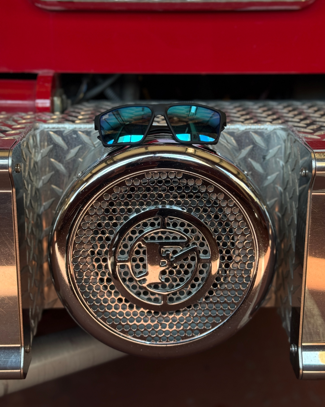 Banner Eyewear closeup of fire engine with valor sunglasses