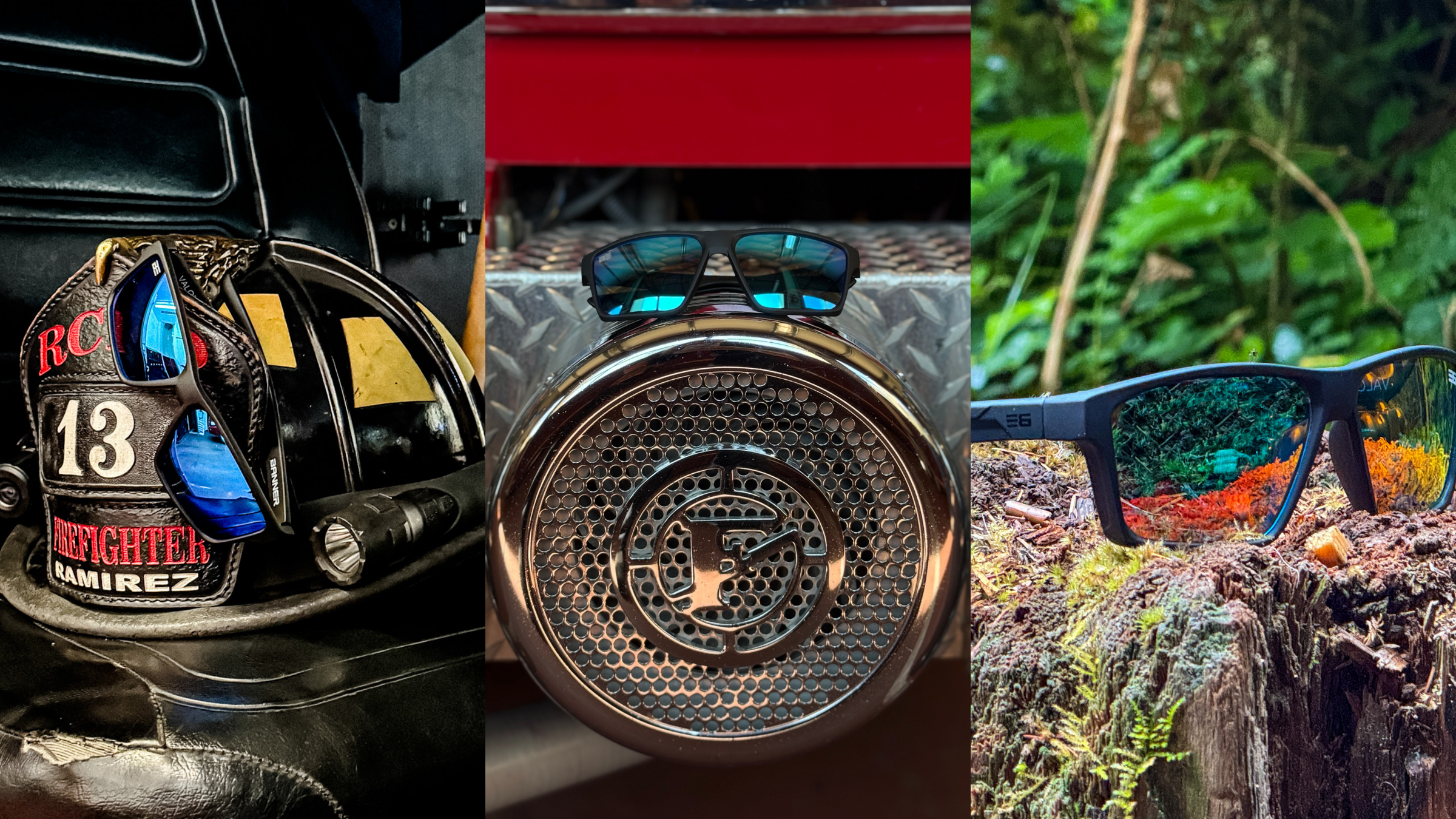 Banner Eyewear homepage with three images of the valor sunglasses in tough on and off duty environments