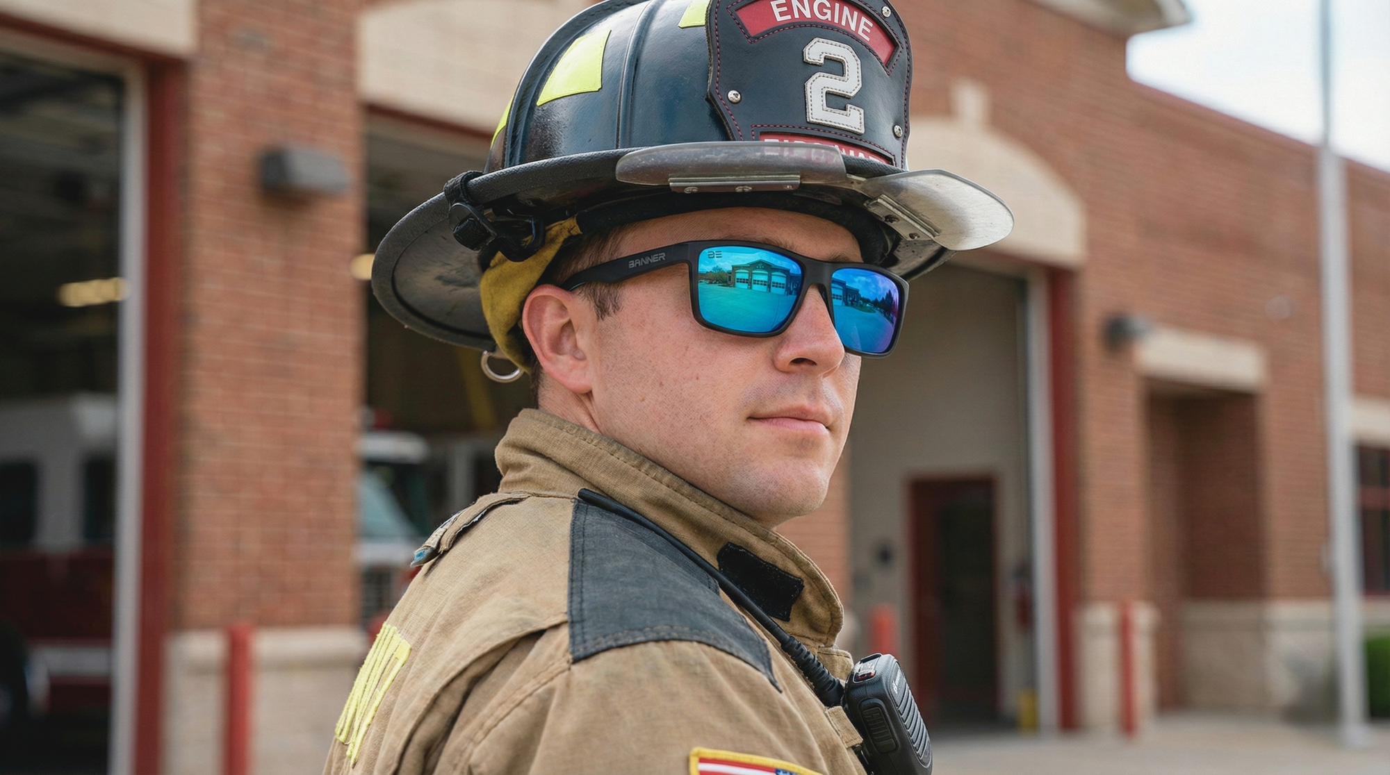 Firefighter wearing a helmet and sunglasses in front of a fire station.
