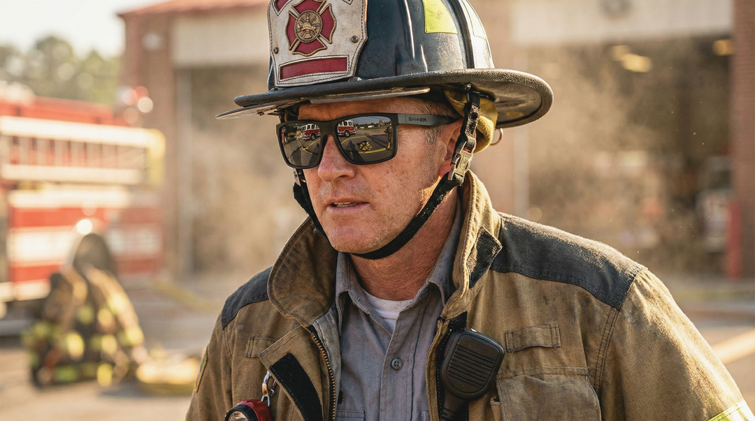 Firefighter wearing a helmet and sunglasses with a fire truck in the background