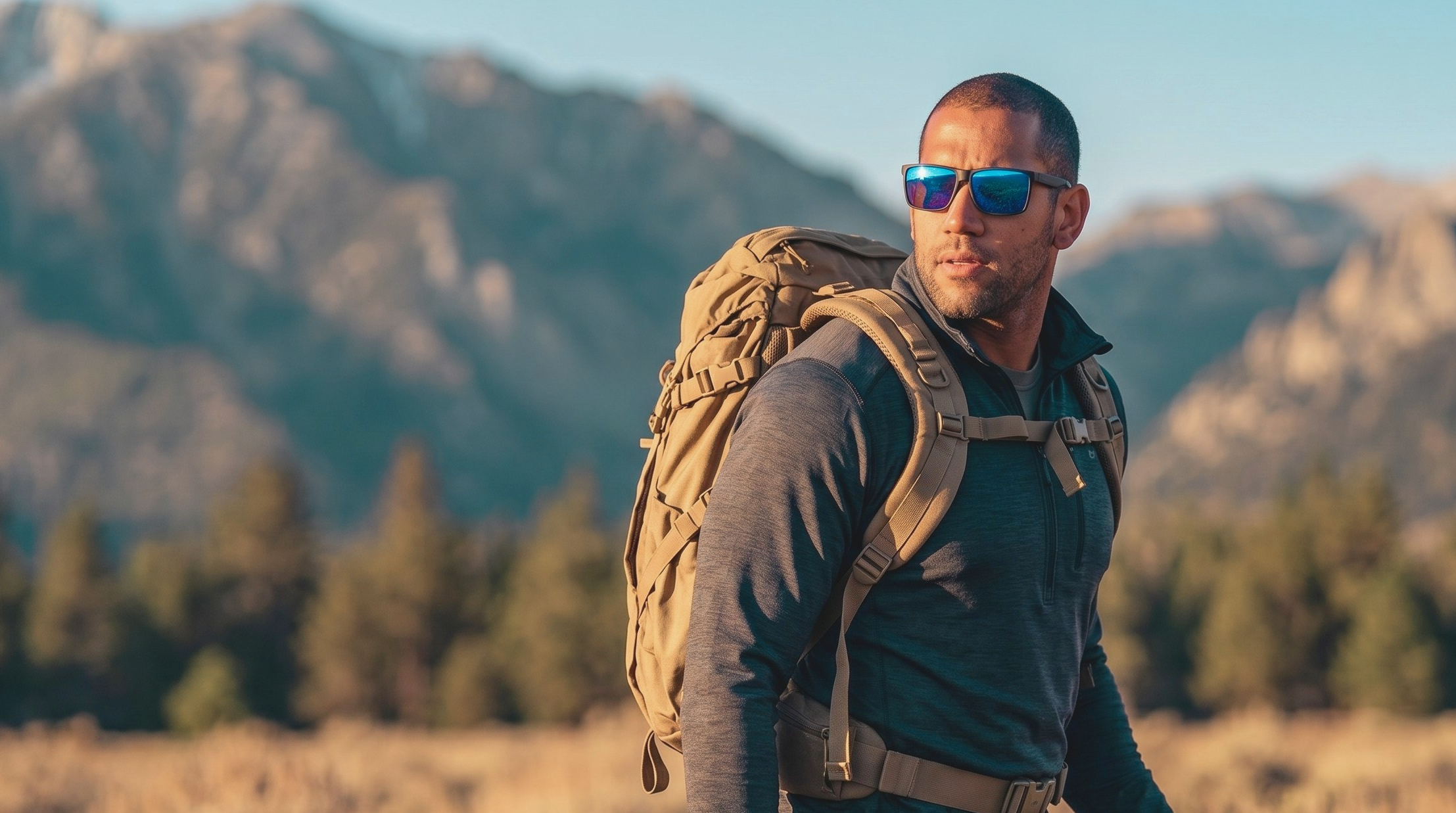 Man with a backpack and sunglasses standing in a mountainous landscape