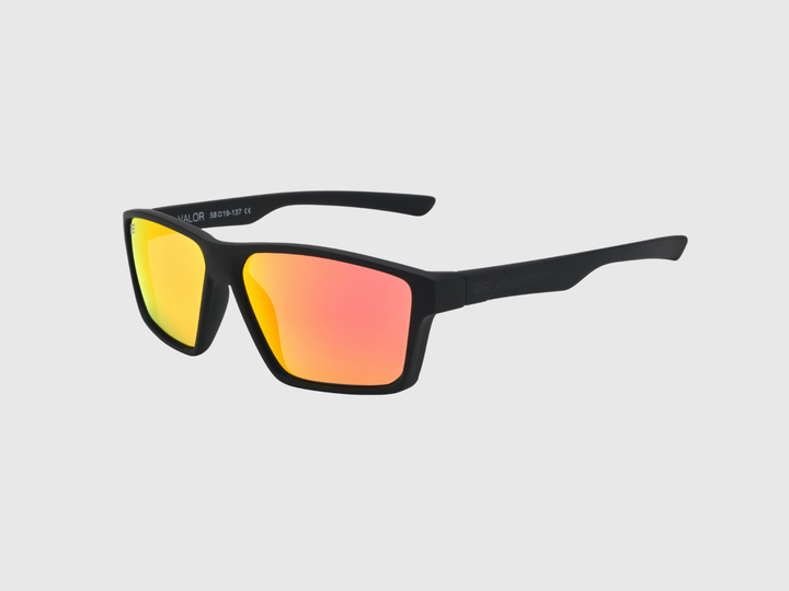 VALOR CRIMSON sunglasses with a red orange gradient lens on a light gray background