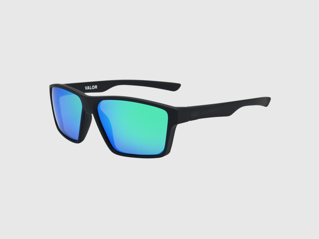 VALOR RECON sunglasses with a green blue gradient lens on a light gray background