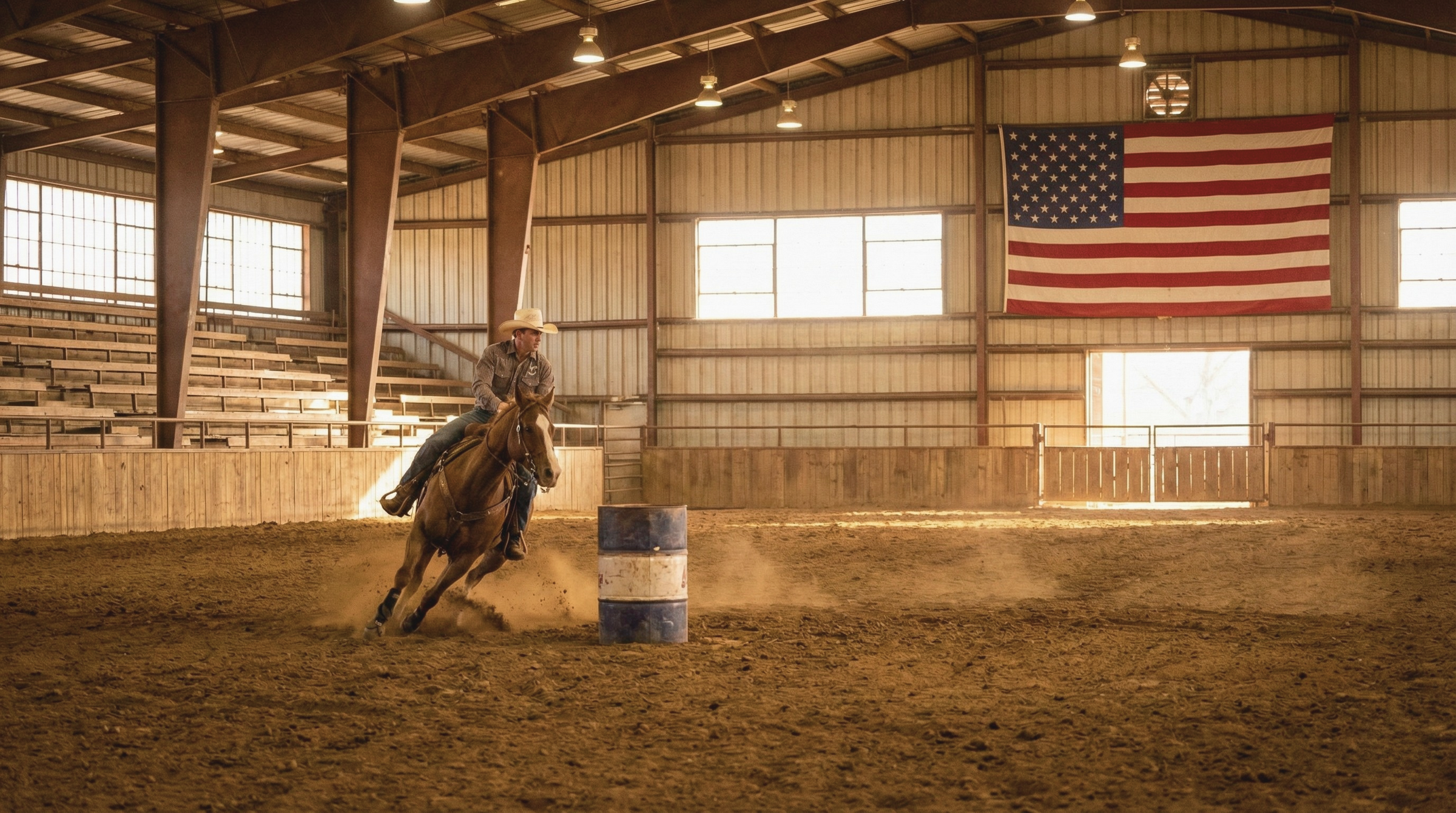 Person riding a horse in an indoor arena with an American flag on the wall.
